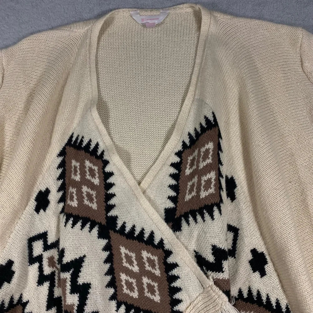 No Boundaries Cardigan Women Large L Cream Southwestern Fringe Open‎ Front Knit